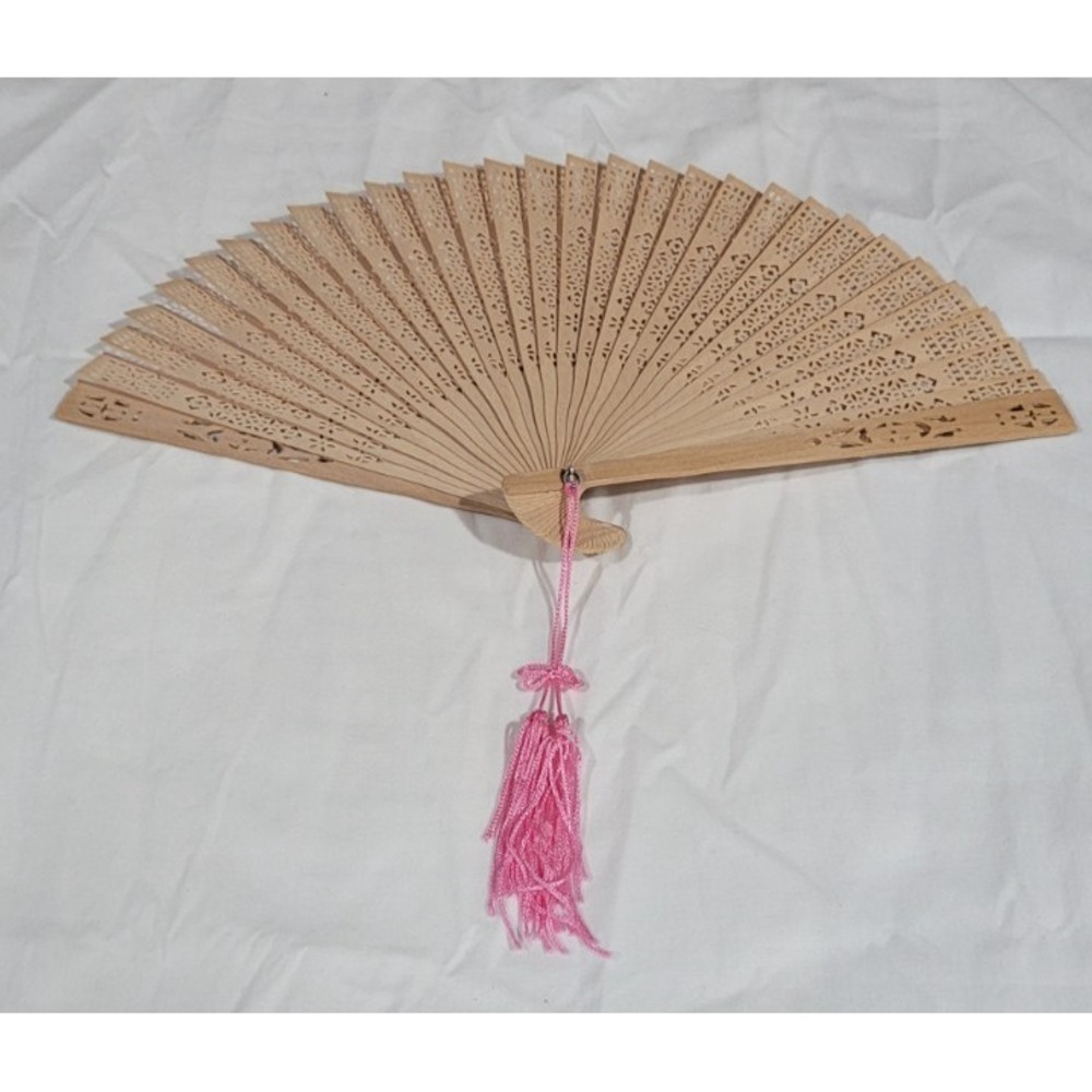 Wooden Hand Folding Fan Intricate Carved Openwork Design Pink Tassel 13 Inch